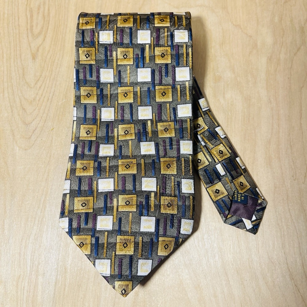 XMI Platinum Silk Necktie Handmade In‎ USA Gray Gold Geometric Pattern